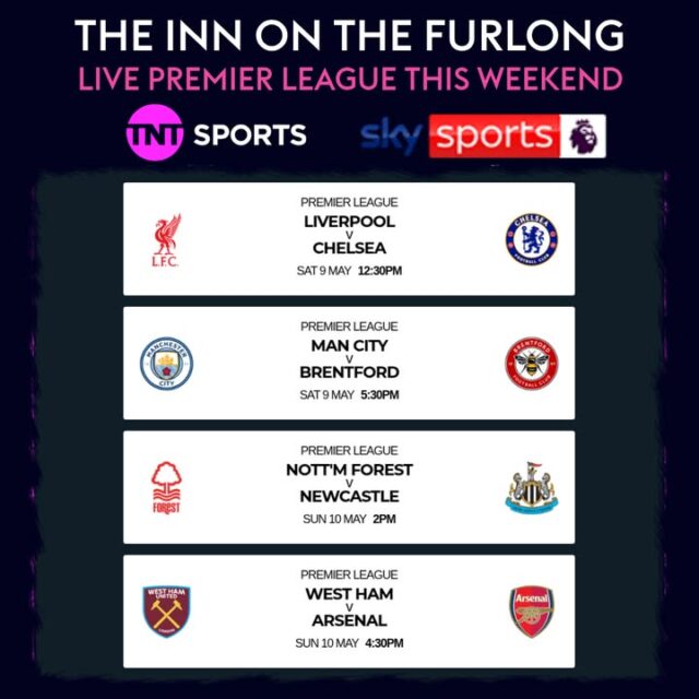 LIVE Premier League and Play-Offs here at The Inn On The Furlong this weekend. Enjoy in Full HD, Surround Sound and with Food Available