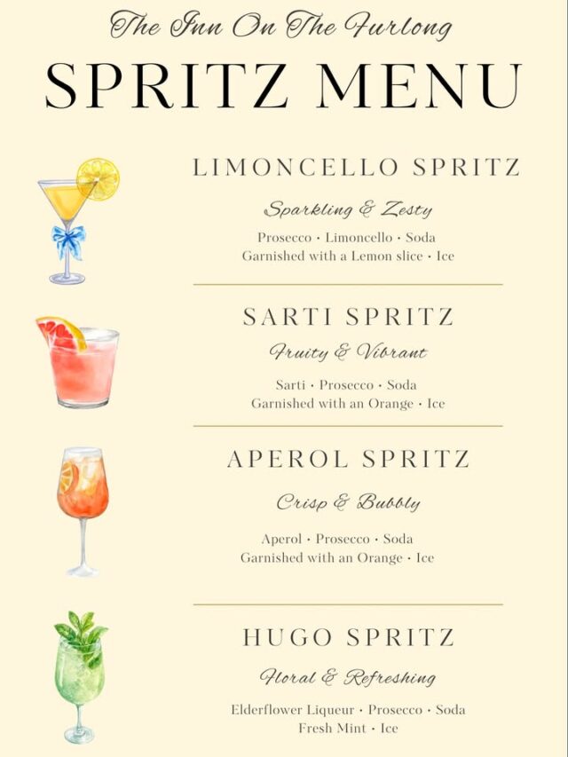 🍋✨ Our Spritz Menu Has Arrived! ✨🍹

Sip into summer with our refreshing spritz selection at The Inn On The Furlong.

Whether you’re craving the zesty freshness of a Limoncello Spritz, the fruity flavour of a Sarti Spritz, the timeless Aperol Spritz, or the floral notes of a Hugo Spritz, we’ve got the perfect drink waiting for you. 🌿🍊🥂

Perfect for sunny afternoons, date nights, or catching up with friends in our beer garden. ☀️

Which one will you be trying first? 👇

🍹 Limoncello Spritz
🍓 Sarti Spritz
🍊 Aperol Spritz
🌿 Hugo Spritz

#furlongfood