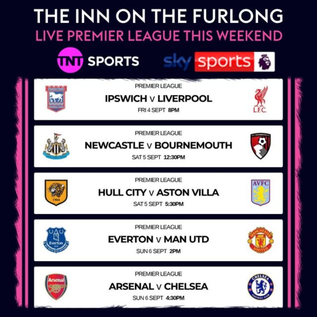 Plenty of LIVE Premier League Football this weekend here at @The Inn On The Furlong Ringwood starting tonight with Liverpool facing Ipswich at 8PM.

More live games from the EFL and SPL also available - just ask! #furlongsports #furlongevents