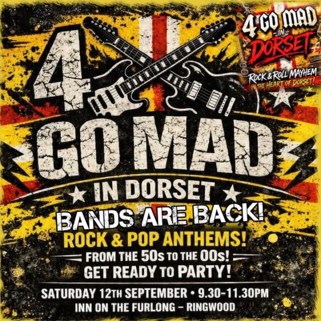This Saturday, join us for a Pre-Carnival evening of superb live music with the excellent 4 Go Mad - in Dorset here at The Inn On The Furlong Ringwood

Starting at 9:30 until late - a fantastic evening of Rock and  Pop Anthems