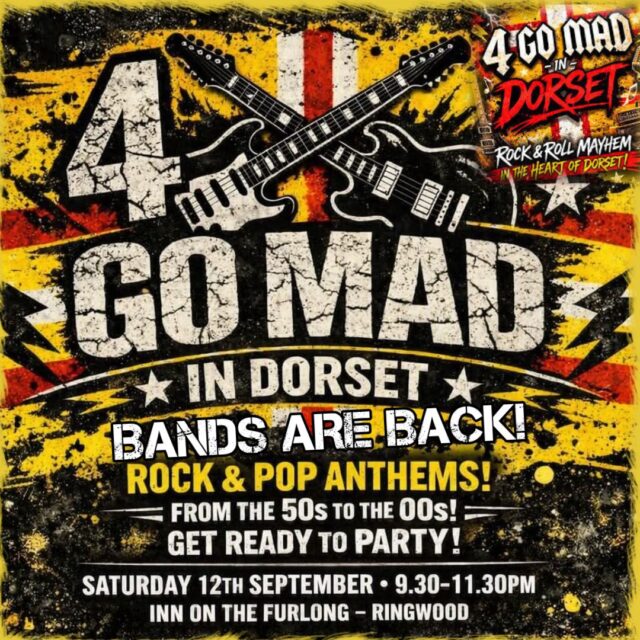 This Saturday, join us for a Pre-Carnival evening of superb live music with the excellent 4 Go Mad - in Dorset here at The Inn On The Furlong Ringwood

Starting at 9:30 until late - a fantastic evening of Rock and  Pop Anthems