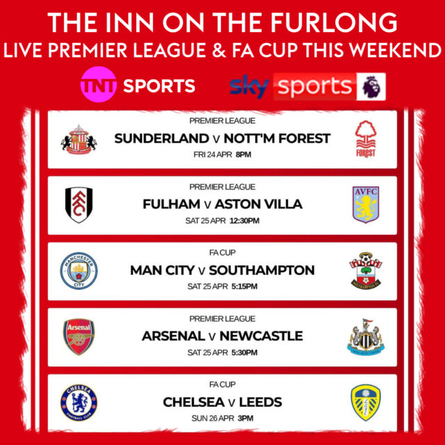 LIVE Premier League AND FA Cup Football here this weekend at The Inn On The Furlong Ringwood

Showing across 10 Full HD Screens inside and outside in surround sound. Eating? Why not book a table ... call us on 01425 475139
