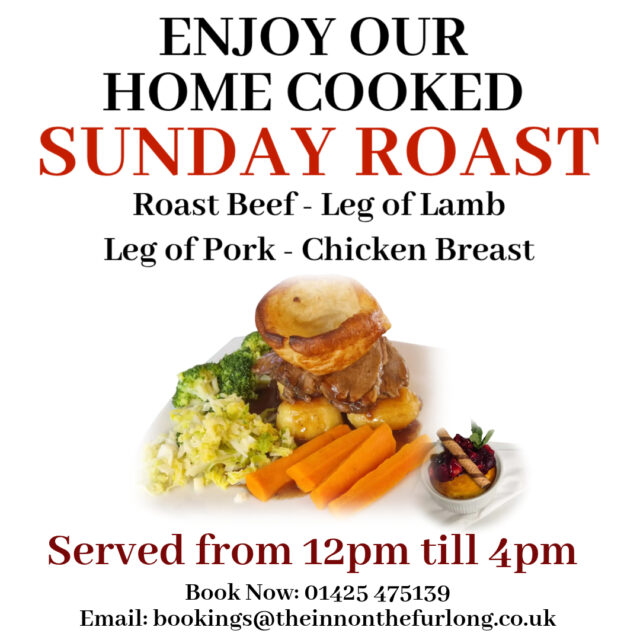 Book your table for this Sunday here at @The Inn On The Furlong Ringwood and enjoy one of our succulent Home Cooked Sunday Roasts.

Call now on 01425 475139 to book your table